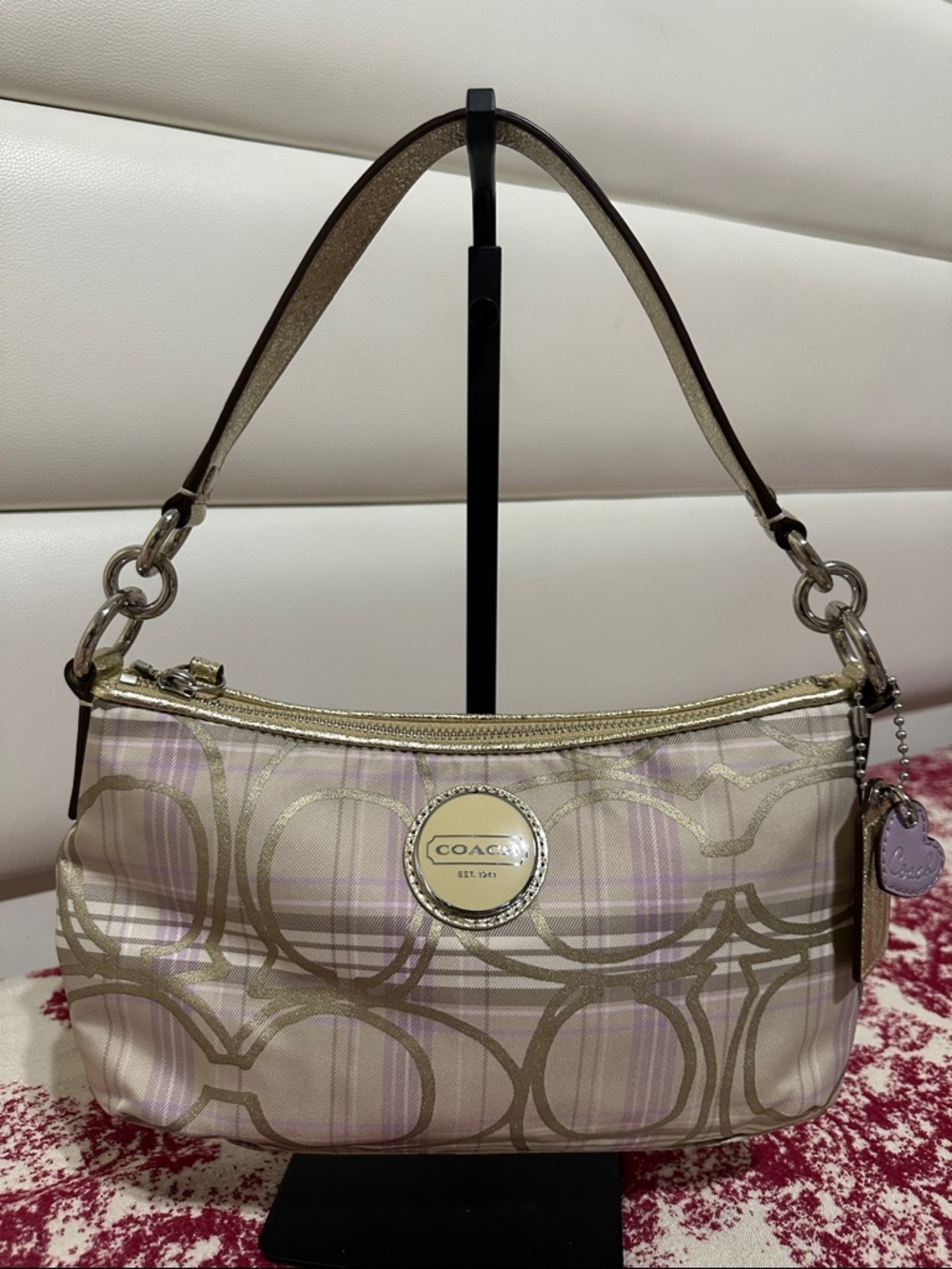 COACH Metallic Beige & Lilac Plaid Signature Shoulder Bag - Picture 2 of 16